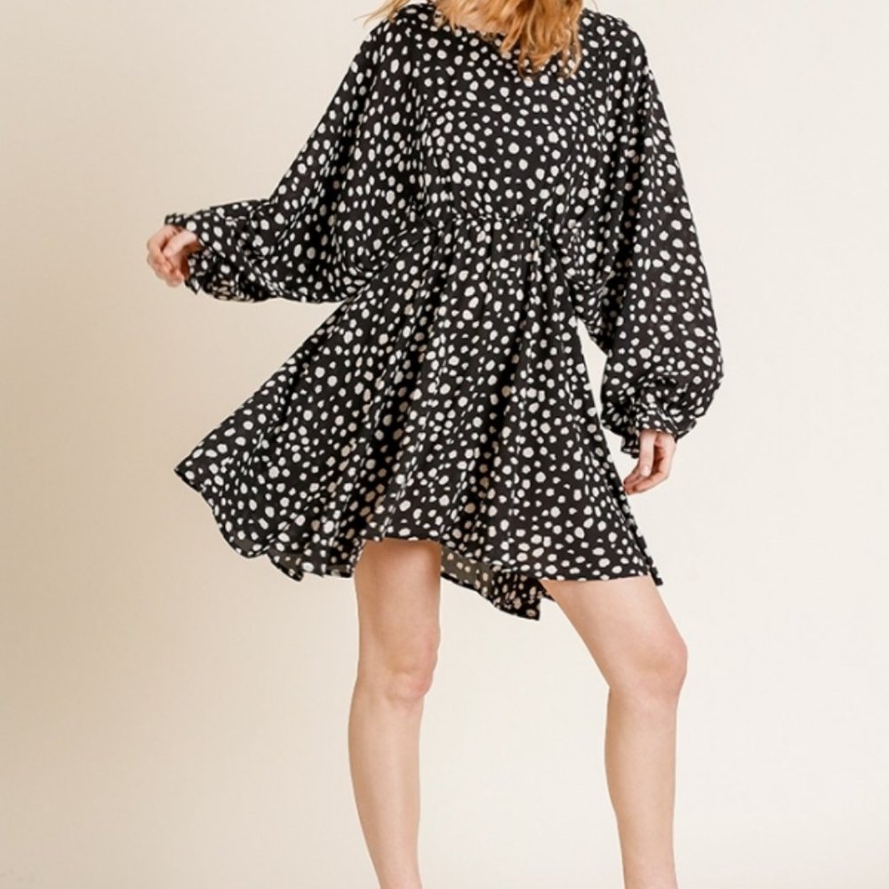 Umgee Dalmatian Print Puff Sleeve Dress Boho